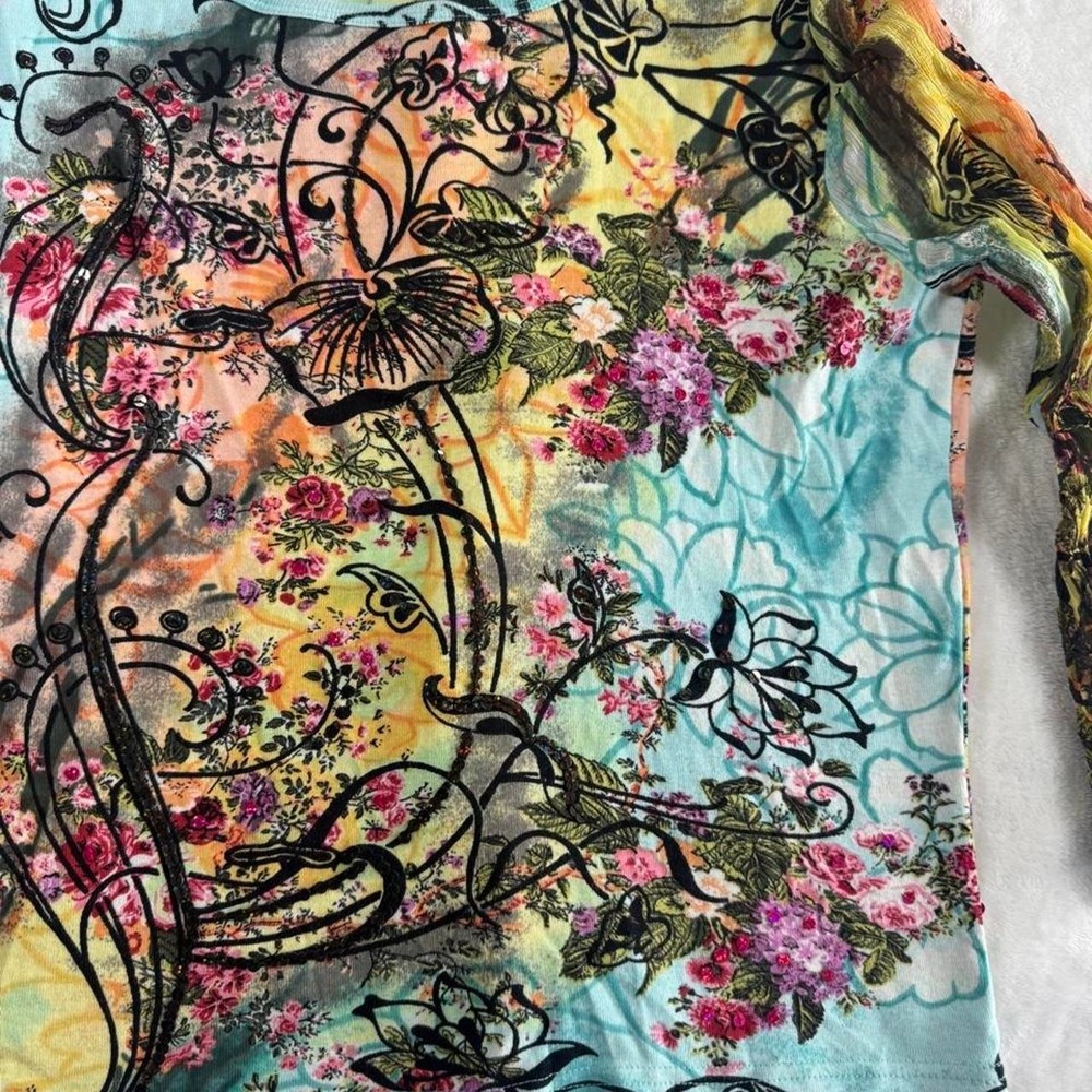 Take Two teal glitter mesh sleeve graphic babydoll fairy top y2k vintage euro - Picture 2 of 6